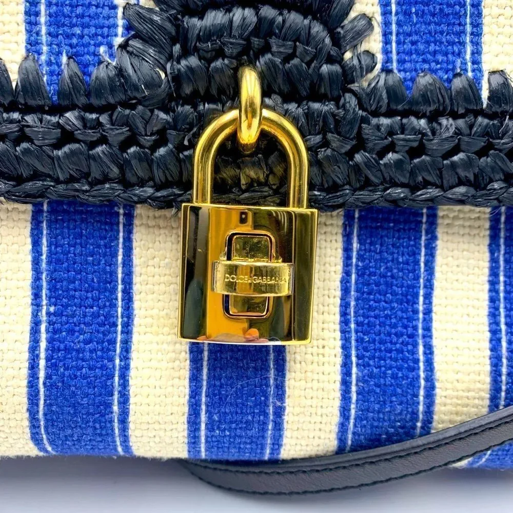 Auth Dolce & Gabbana Blue White Striped Canvas Raffia Handbag Lock Key Preloved